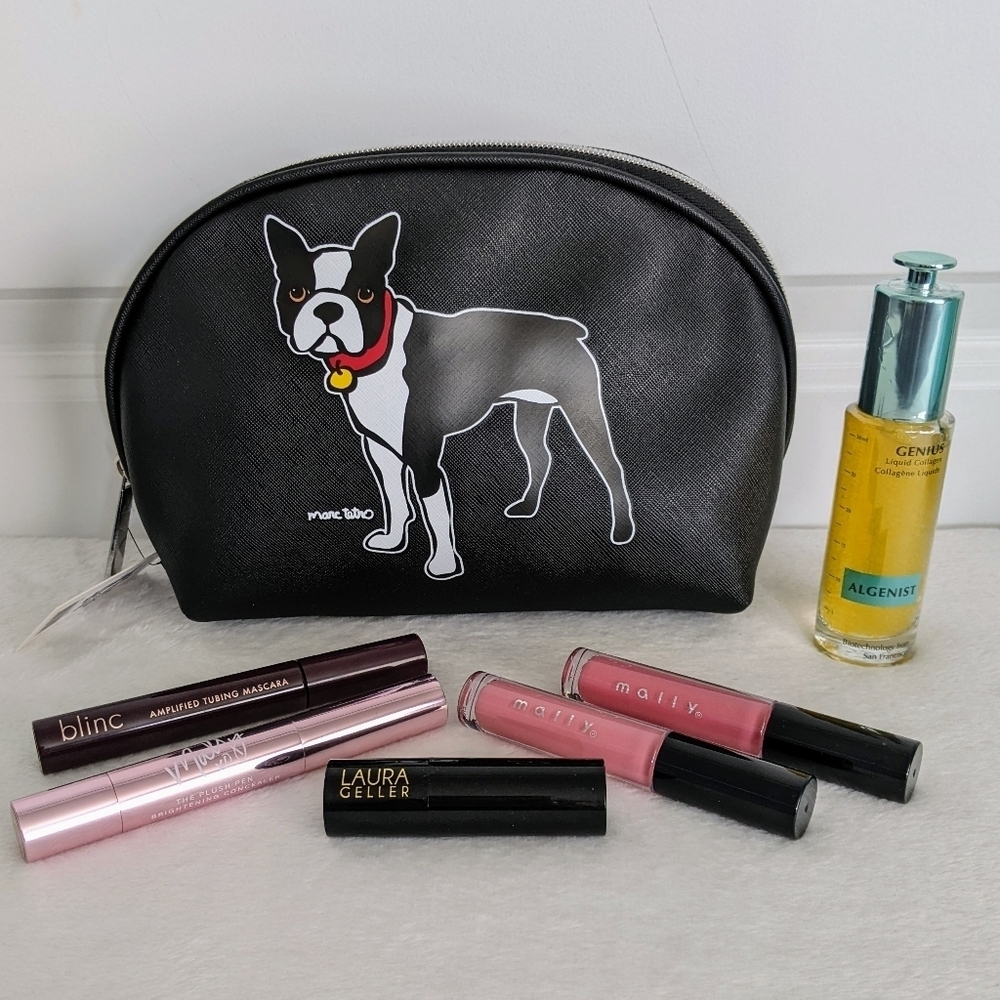 marc tetro Boston Terrier Large Cosmetic Case Pouch Bag PVC Saffiano Black NWT